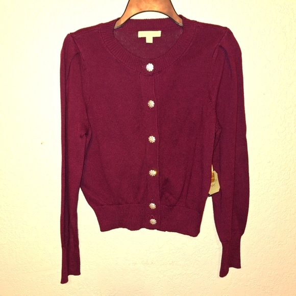NWT Ryegrass French Wine Cashmere Blend Cardigan Sweater Rhinestone Buttons M - Picture 1 of 10